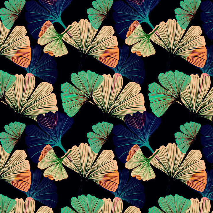 Tatie-lou-ginko wallpaper-hand-drawn-leaf-digital-colourful-printed-repeat-UK-british-designer-wallpaper-black-background