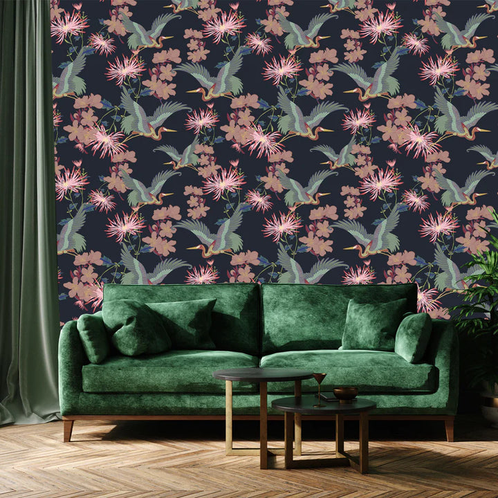 Tatie-Lou- blossom-wallpaper-floral-asian-hand-drawn-cranes-cherry-blossom-bold-feature-print-noir