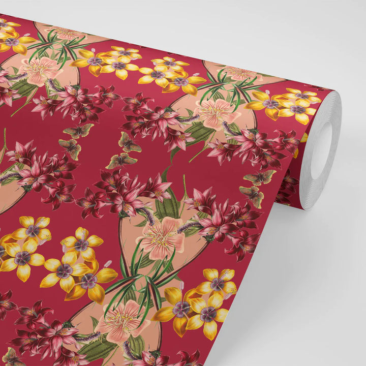 tatie-lou-wallpaper-Cherry-Red-green-ruby-pink-colourway-large-scale-kaleiscopic-repaet-floral-orchid-lilys-bloom-square-tile-repeat-pattern-exotic