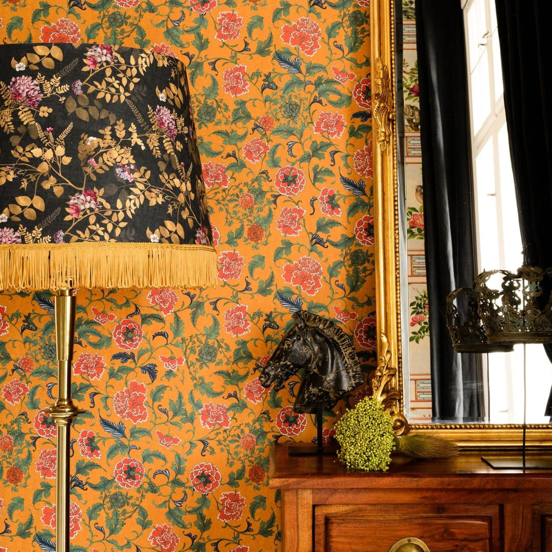 mind-the-gap-wallpaper-floral-ochre-chinoiserie-new-collection-red-mustard-vines-maximalist-statement-feature-clashing-prints-mirror-bedroom-study