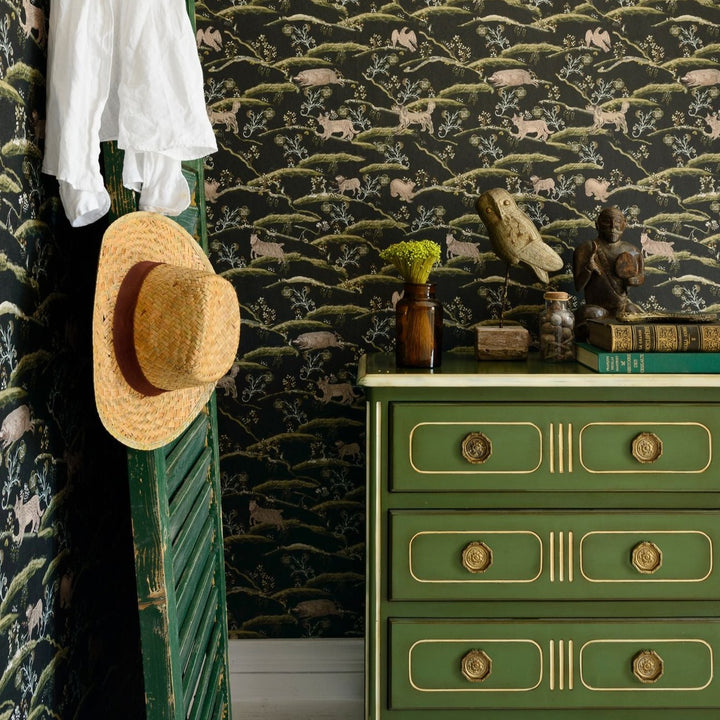 mind-the-gap-woodland-meadow-wallpaper-fox-bird-goat-animals-nighttime-chest-of-drawers-green-interior-maximalist-statement-interior