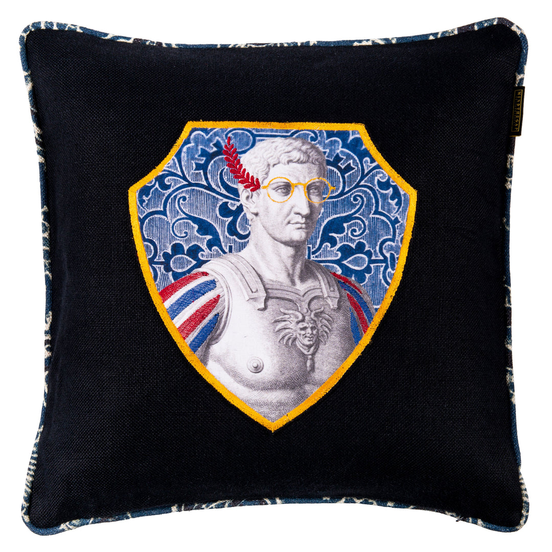 mind the gap embroidered cushion tiberius arjak reverse side blue and black cushion