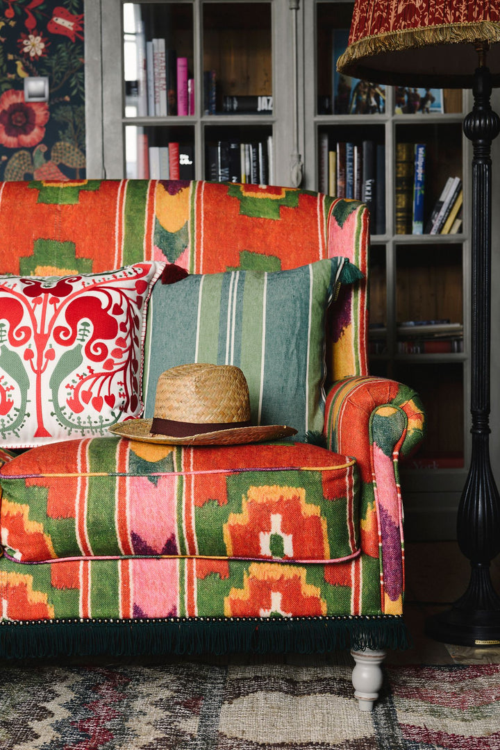 abigail-mind-the-gap-sofa-multi-coloured-linen-fabric-green-fringing-ikat-print-design-lampshade-bookshelf-lounge-set