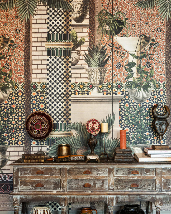 Mind-the-Gap-Fez-Medina-Wallpaper-hand-painted-tiles-mural-style-wallphanging-plants-Morrocan-tile-printed-oasis-style-terracotta-green-black-white-tile-pattern