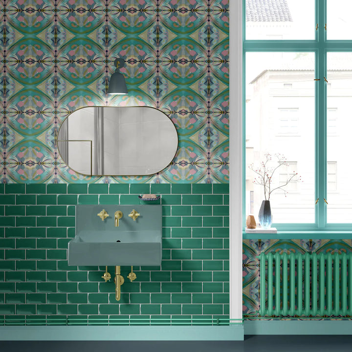 Tatie-lou-wallpaper-franny-kaleidoscopic-repeat-tile-pattern-wallpaper-sorbet-ice-cream-tones-yellow-pink-green-blue-Portugal-tile-look 