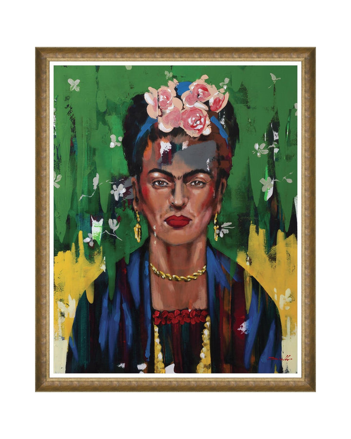 Mind-the-gap-woodstock-collection-fine-art-framed-art-frida-khalo-art-oli-amirou-diallo-portrait-painting-deconstructed-green-painterly