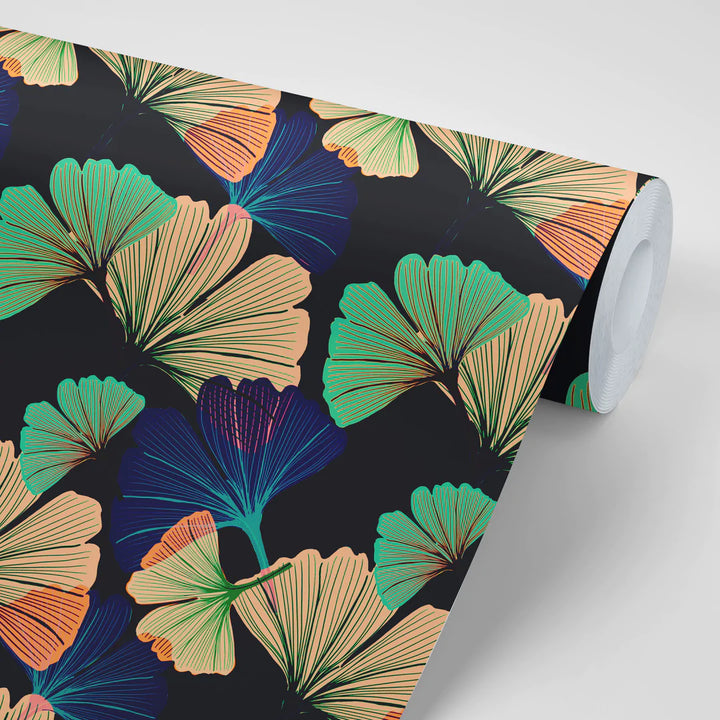 Tatie-lou-ginko wallpaper-hand-drawn-leaf-digital-colourful-printed-repeat-UK-british-designer-wallpaper-black-background