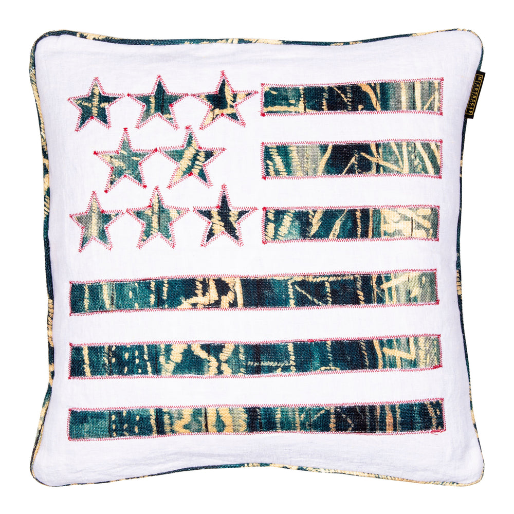 mind the gap embroidered cushion stars and stripes blue and white fabric