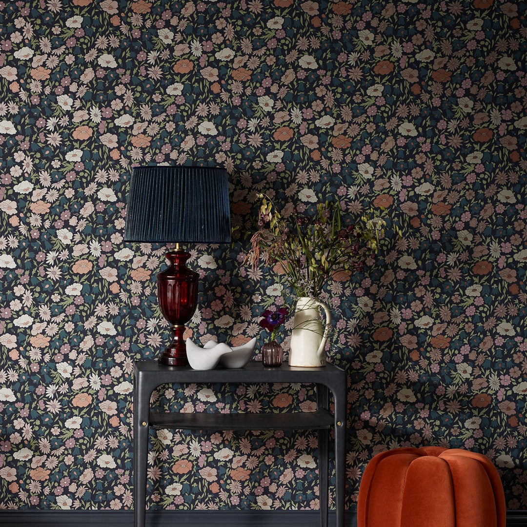 Liberty-fabrics-wallpaper-meadowfield-wallpaper-pewter-blue-ditsy-print-blue-green-white-orange-floral-daisy-floribunda-collection