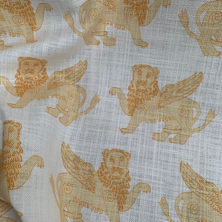 annika-reed-studio-winged-lion-linen-fabric-mustard-yellow-greek-mythology-printed-design