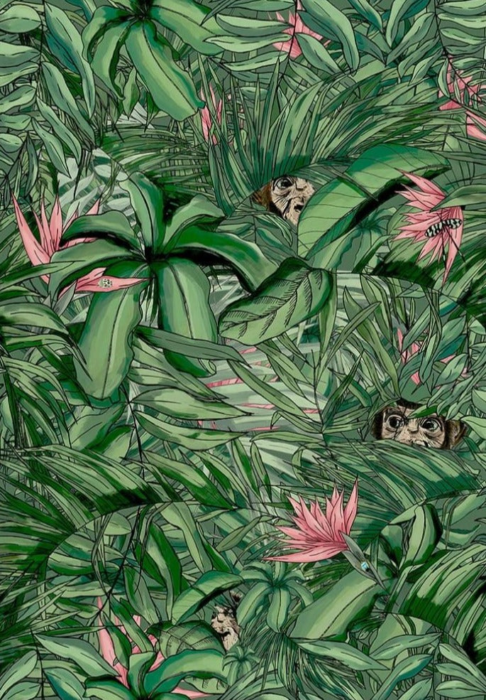 Monkey-forest-wallpaper-dark-green-pink-brand-McKenzie-jungle-print-tropical-rainforest-wallpaper