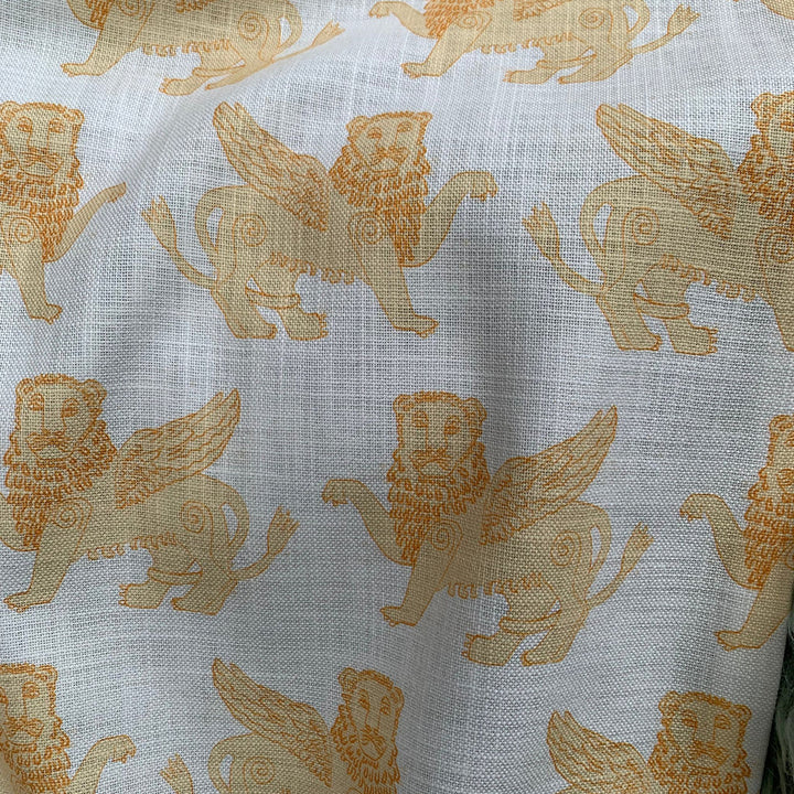 annika-reed-studio-winged-lion-linen-fabric-mustard-yellow-greek-mythology-printed-design