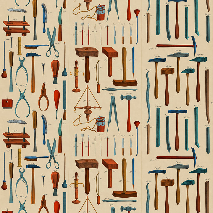 mind-the-gap-old-tools-wallpaper-artists-collection-brown-blue-red-workshop-drawn-illustrations-vibrant-workshop-maximalist-statement-interior