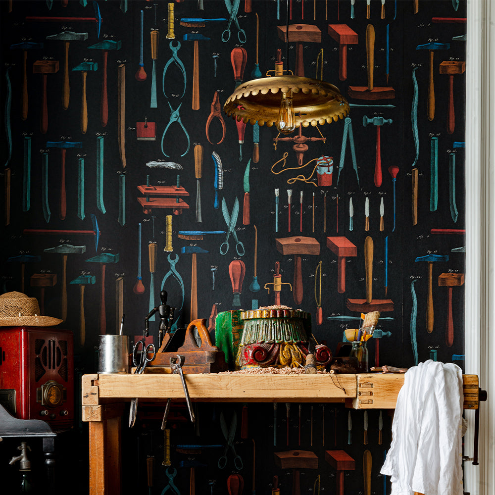 mind-the-gap-old-tools-wallpaper-artists-collection-brown-blue-red-workshop-drawn-illustrations-vibrant-workshop-maximalist-statement-interior