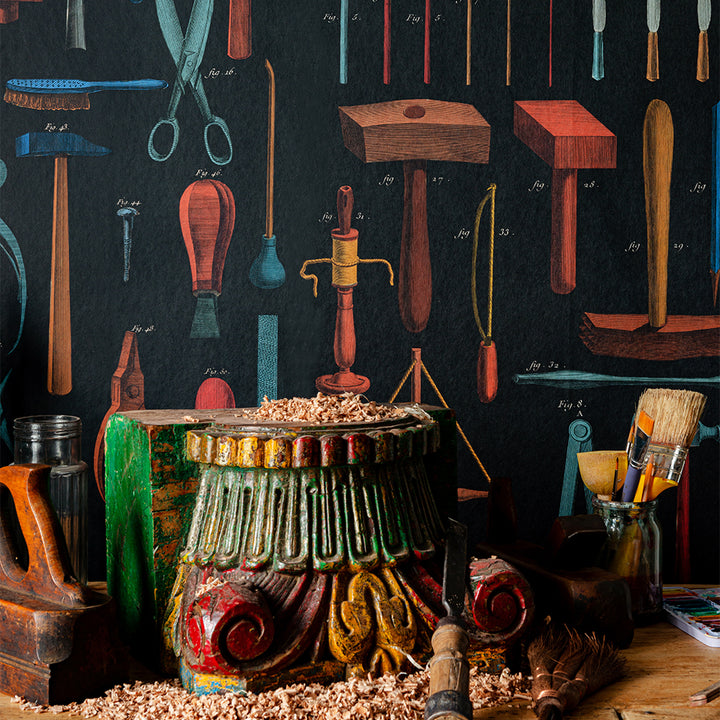 mind-the-gap-wallpaper-old-tools-wallpaper-artist's-collection-anthracite-red-yellow-blue-workshop-paper-drawn-illustrations-workshop-study-maximalist-statement-interior