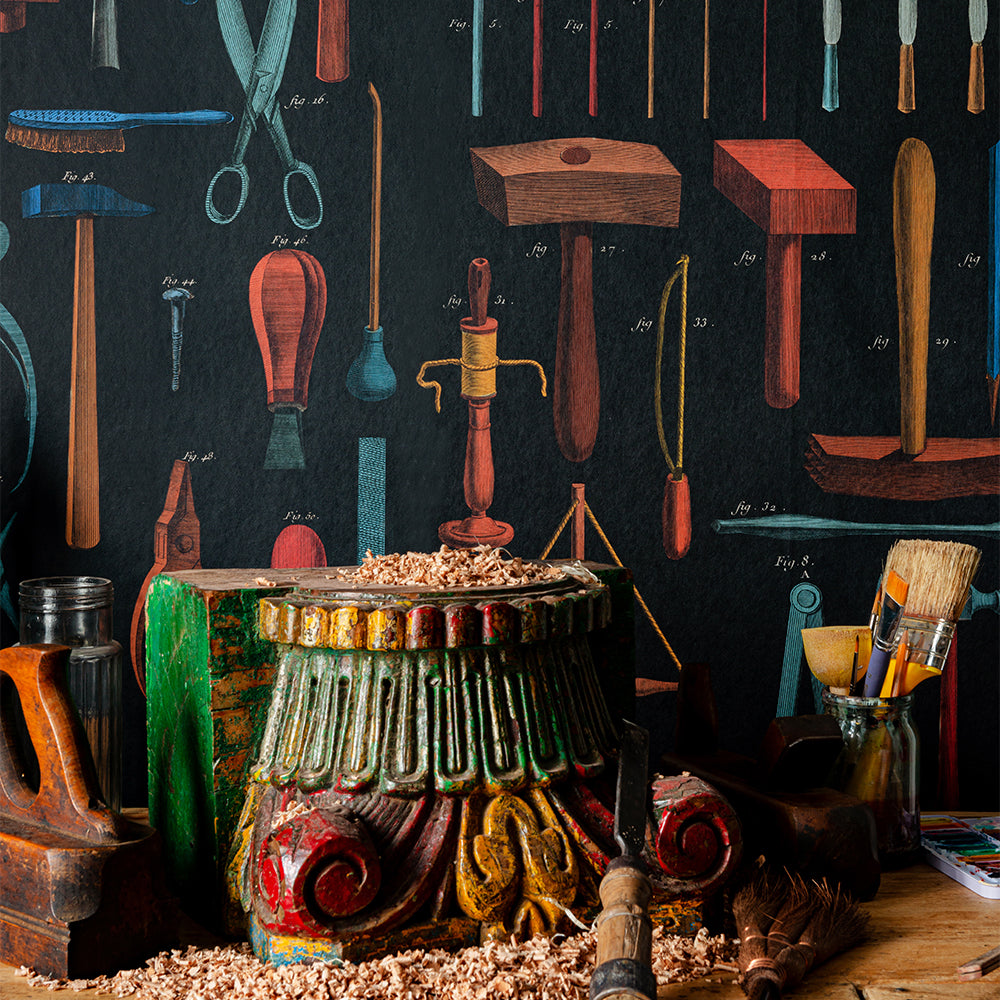 mind-the-gap-old-tools-wallpaper-artists-collection-brown-blue-red-workshop-drawn-illustrations-vibrant-workshop-maximalist-statement-interior