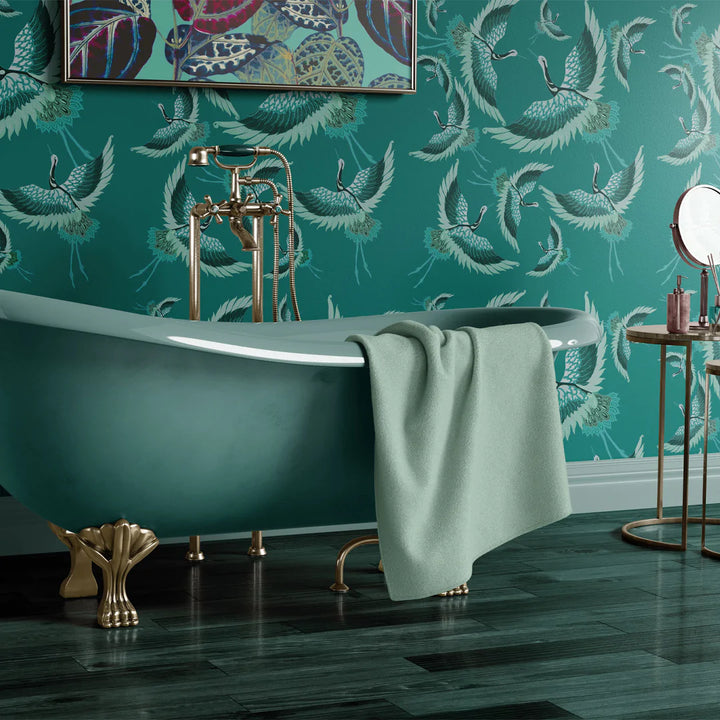 Tatie-Lou-wallpaper-pachmama-teals-herons-cranes-flying-birds-wallpaper-feature-bold-biba-kimono-print-exotic-ocean