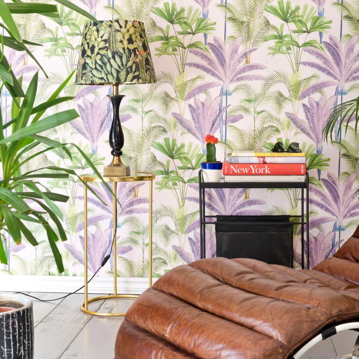 mind-the-gap-palmeras-wallpaper-palm springs-collection-palm-tree-green-white-purple-lilac-blue-statement-maximalist-interior-anthracite