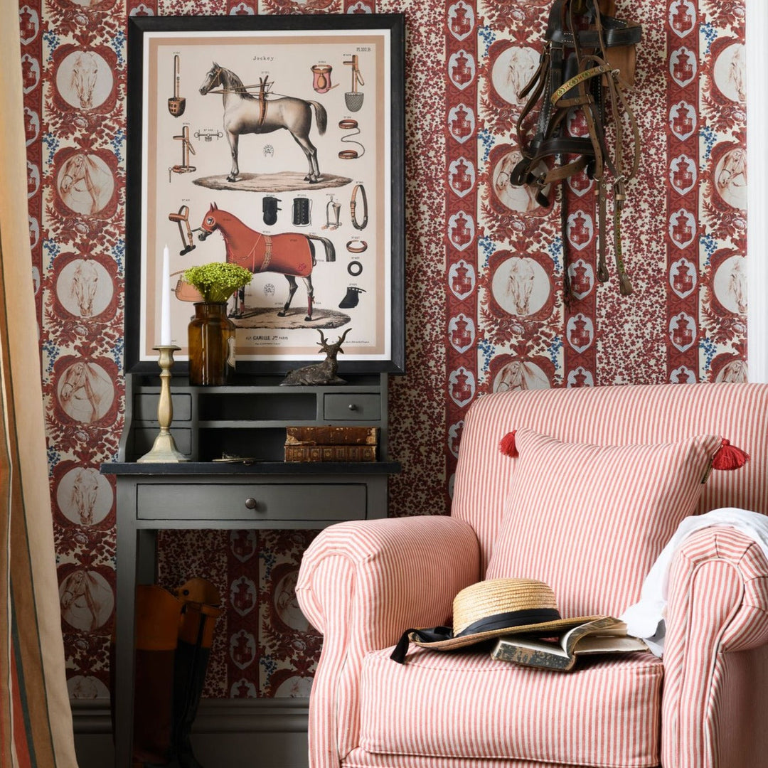 mind-the-gap-the-competition-panel-blue-red-wallpaper-the-derby-collection-horse-portraits-rosettes-british-florals-maximalist-statement-interior