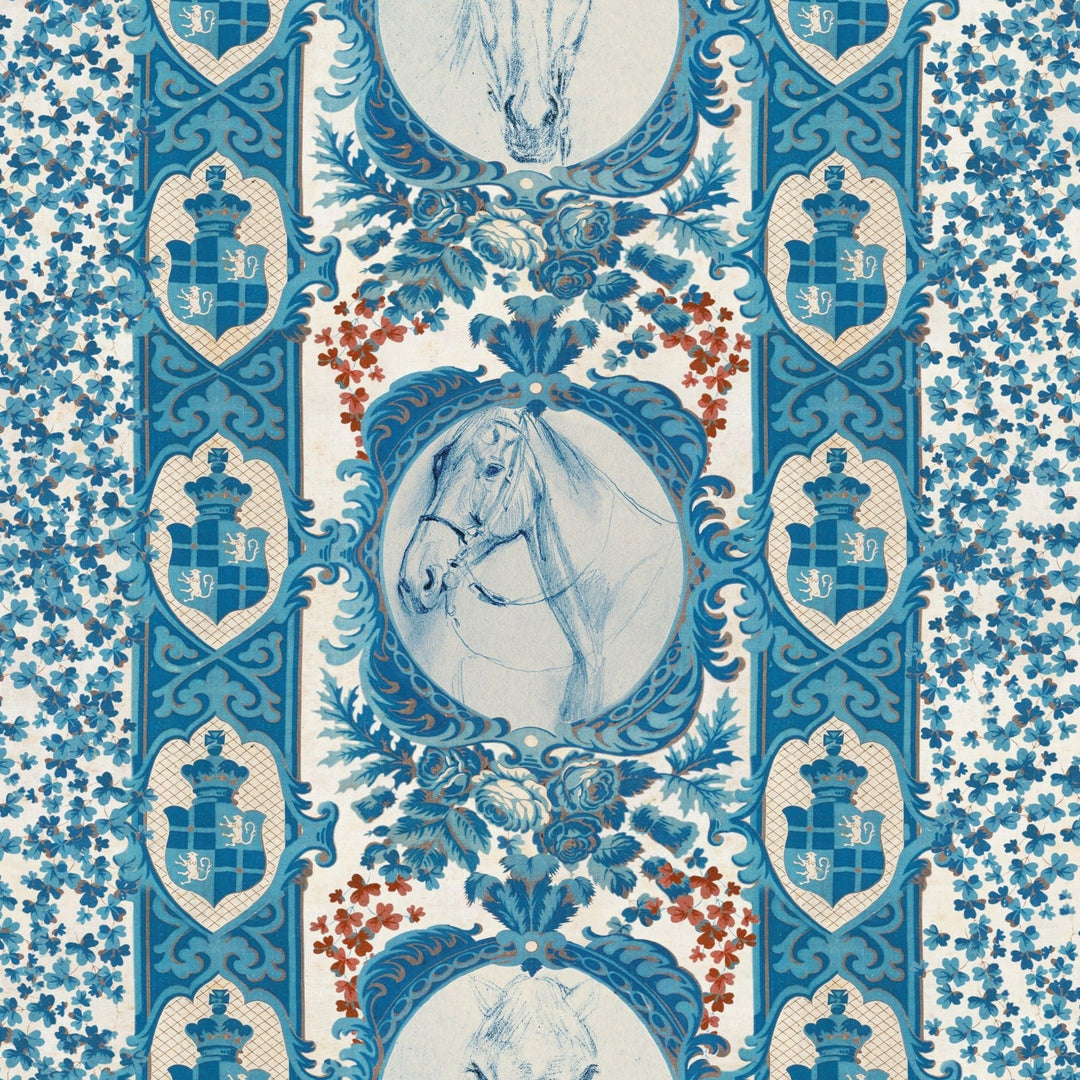 mind-the-gap-the-competition-panel-blue-red-wallpaper-the-derby-collection-horse-portraits-rosettes-british-florals-maximalist-statement-interior