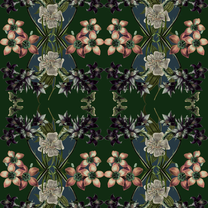 tatie-lou-wallpaper-Hampi-pine-green-colourway-large-scale-kaleiscopic-repaet-floral-orchid-lilys-bloom-squalre-tile-repeat-pattern-exotic