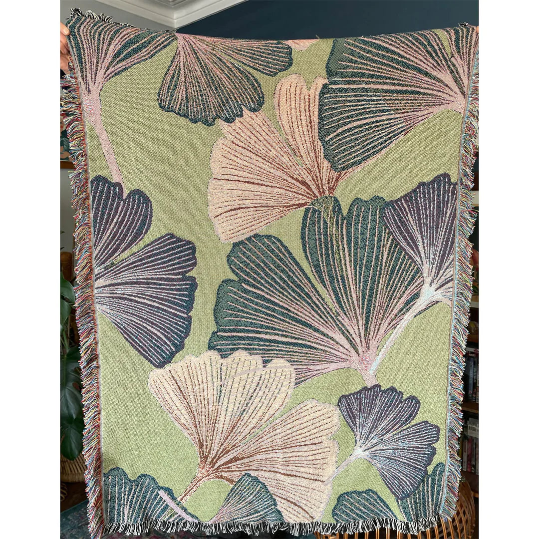 Tatie-Lou-Jacquard-blanket-throw-floral-leaf-pattern-rosy-green-reverse-woven-blanket-hanging-boho-biba-art-deco-blanket-frayed-edge-art