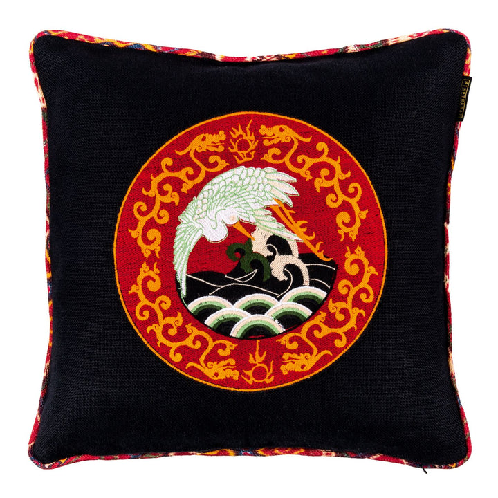 mind the gap embroidered cushion asian crane red black orange multi