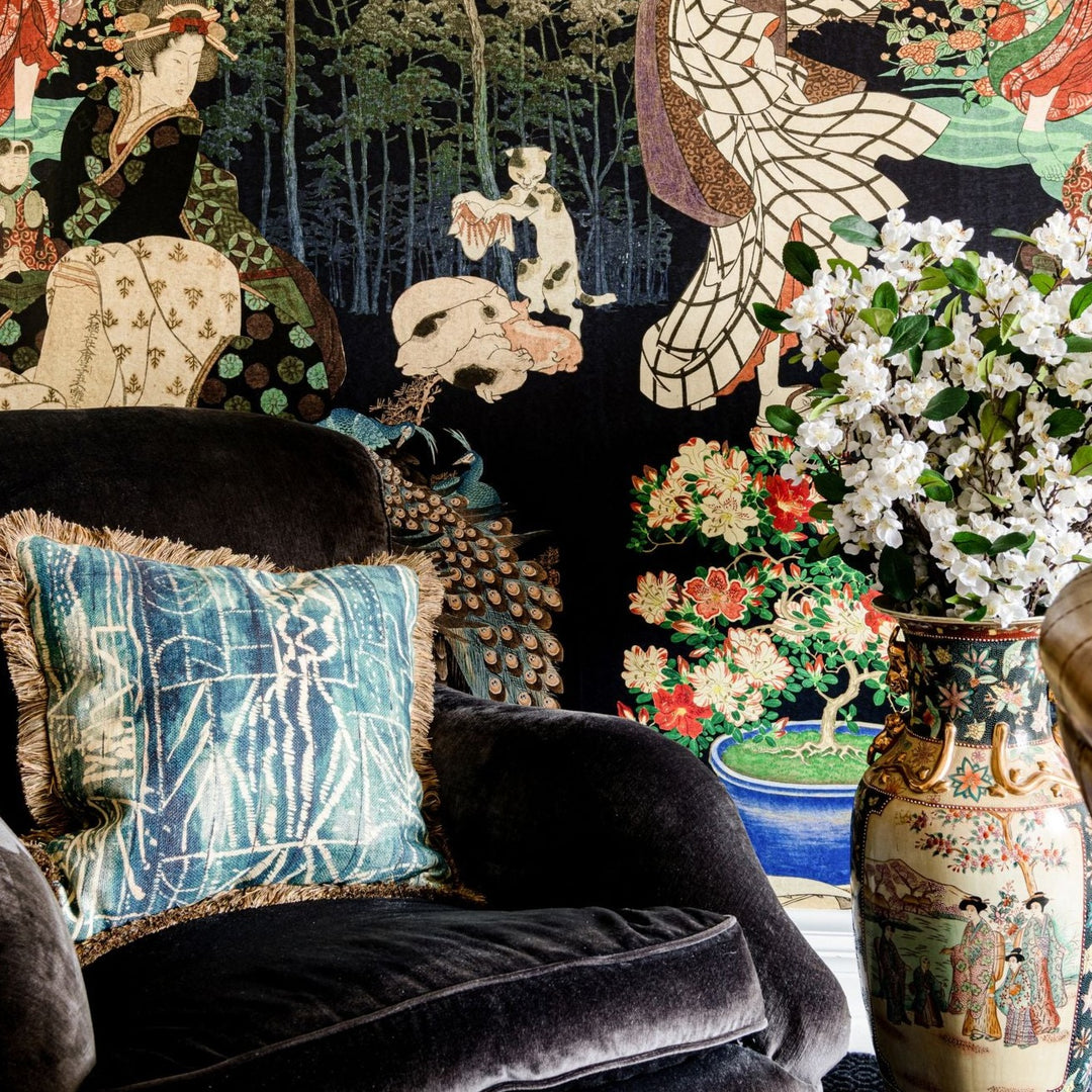 mind-the-gap-samurai-and-geisha-wallpaper-the-curators-cabinet-collection-japanese-kimono-midnight-forest-florals-energy-maximalist-statement-interior