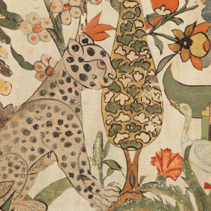 Tales-Of-Maghreb-wallpaper-collection-mind-the -gap-Algerian-Tale-drawing-illustrated-animals-foliage-mural-style-Indian-themed-wall-decor-palms-tigers-leopards-orange-green-beige-exotic-wall-print