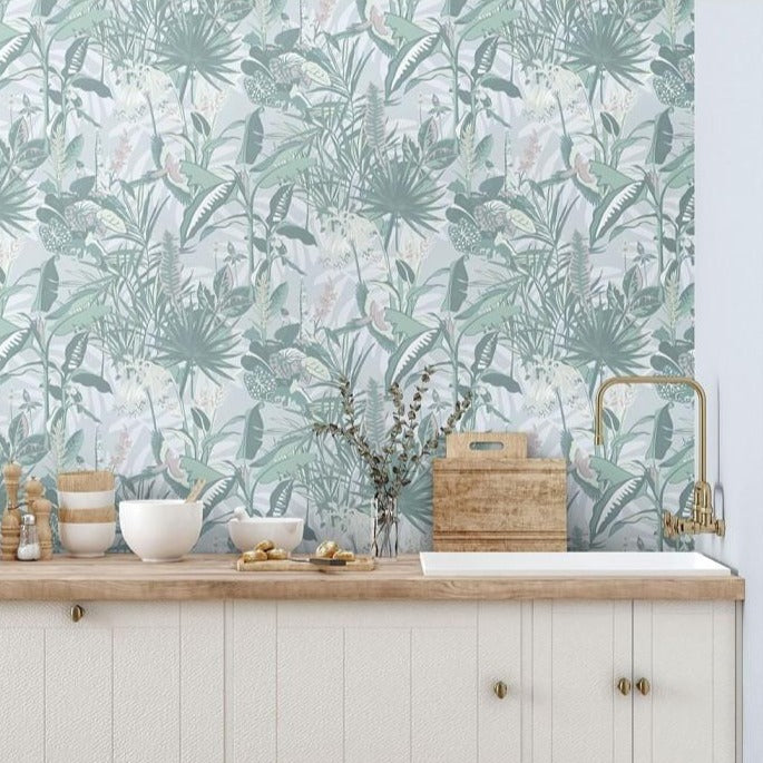 The Tropics-wallpaper-mint-green-brandMcKenzie-palm-birds-tropical-jungle-mints-pastels-botanicall-printed