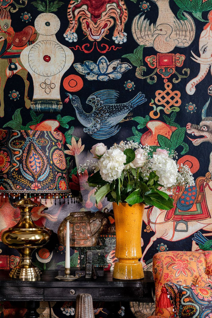 mind-the-gap-woodstock-collection-animal-wallpaper-tiger-horse-elephants-birds-multi-coloured-bohemian-wallpaper-incantation-boho-room-set