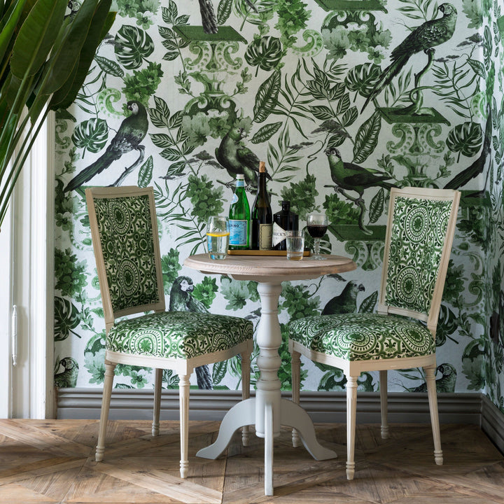 mind-the-gap-la-voliere-wallpaper-transylvanian-manor-royal-garden-collection-parrots-aviary-foliage-statement-maximalist-interior