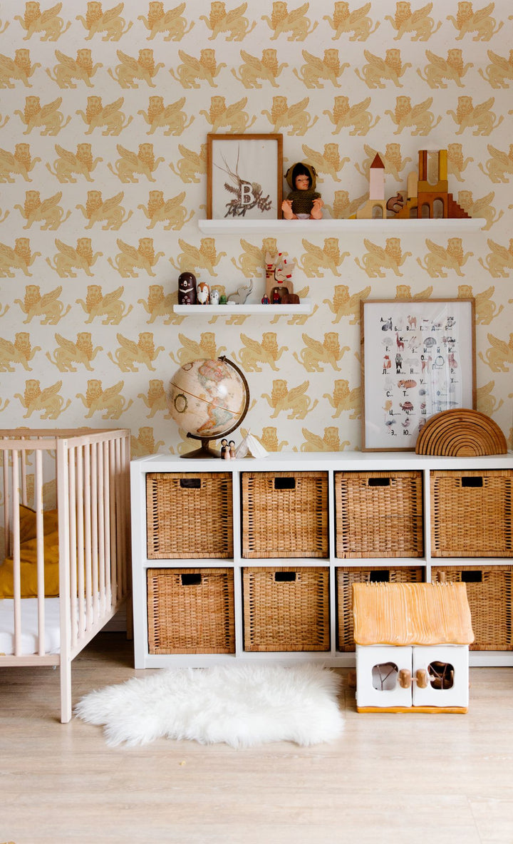 annika-reed-studio-winged-lion-block-printed-wallpaper-yellow-mustard-cream-nursery